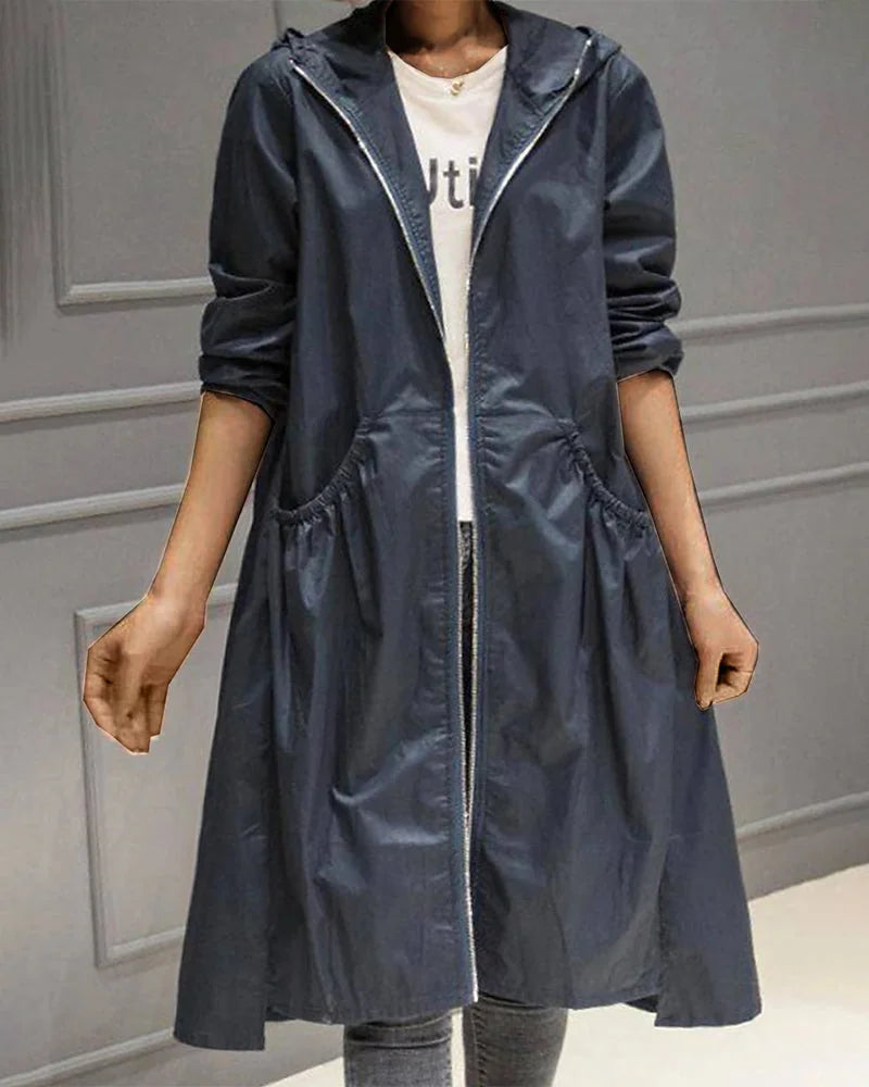 Lange Trenchcoat Dames met Capuchon in Marineblauw, productfoto
