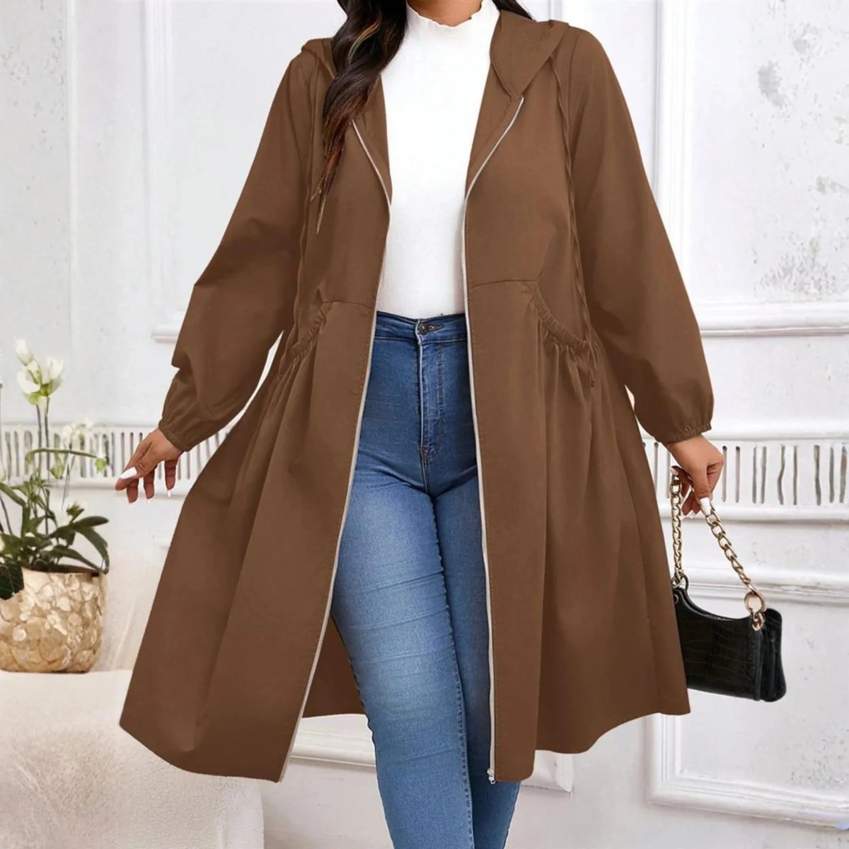Winterjas met Capuchon Dames Lang met Rits in Bruin, productfoto