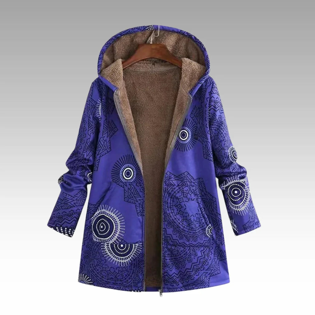 Gevoerde Winterjas Dames met Capuchon en Print in Indigo, productfoto