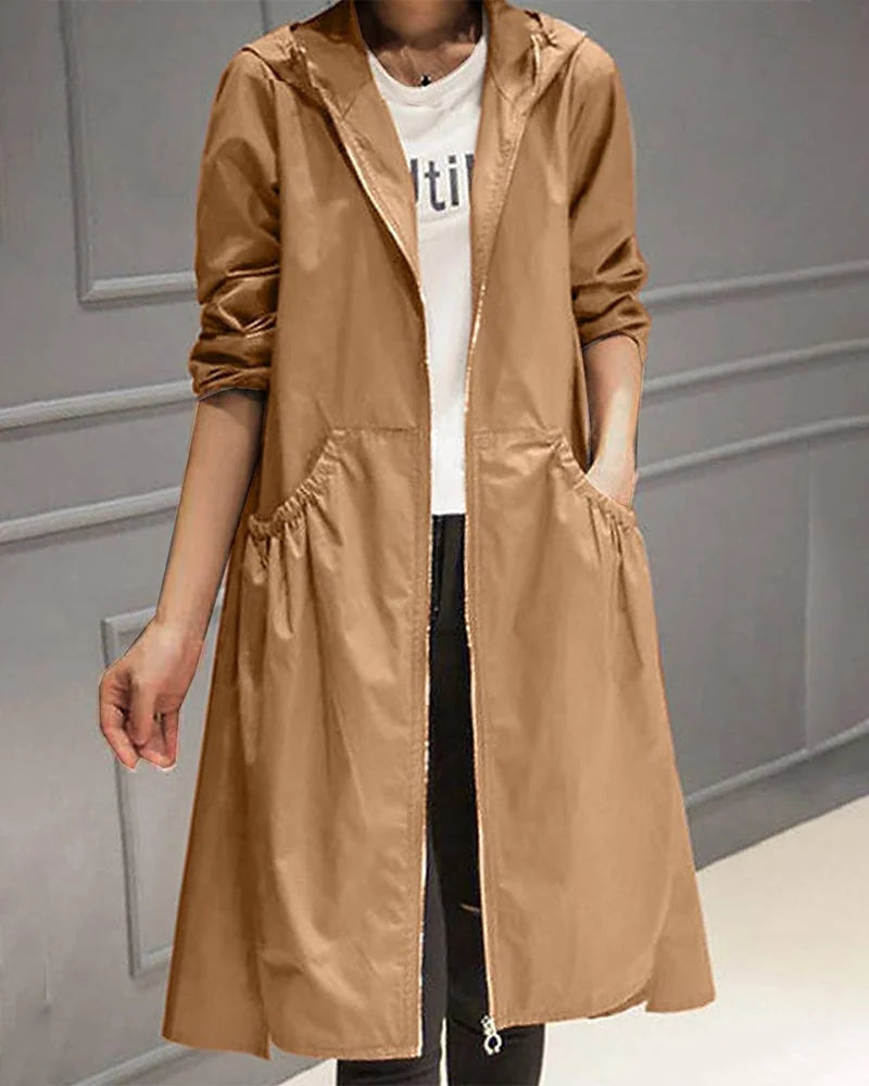 Lange Trenchcoat Dames met Capuchon in Bruin, productfoto