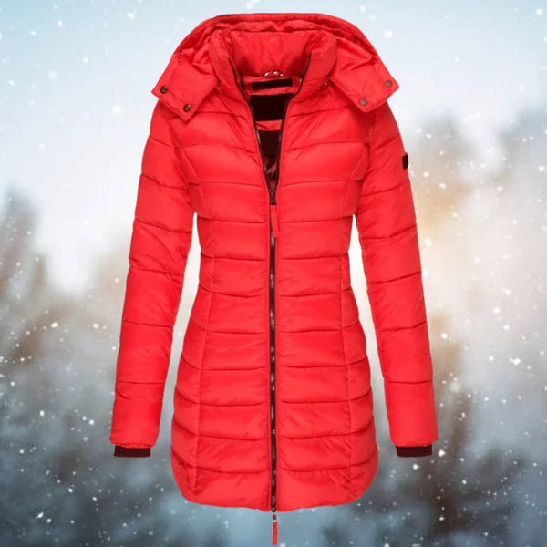 Lange Gewatteerde Jas Dames met Capuchon in Rood, productfoto