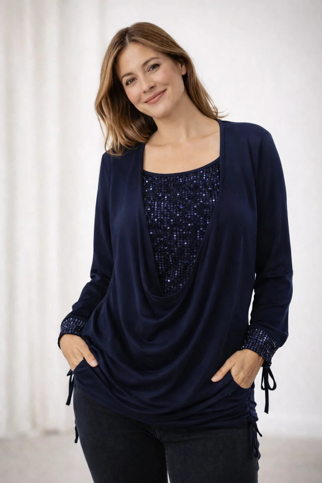Glitter Top Dames met Lange Mouwen in Donkerblauw, productfoto