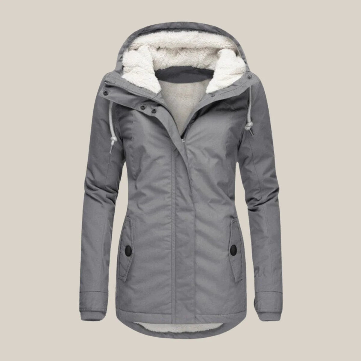 Gewatteerde Winterjas Dames met Fleecevoering in Blauw, gedragen door model, vooraanzicht