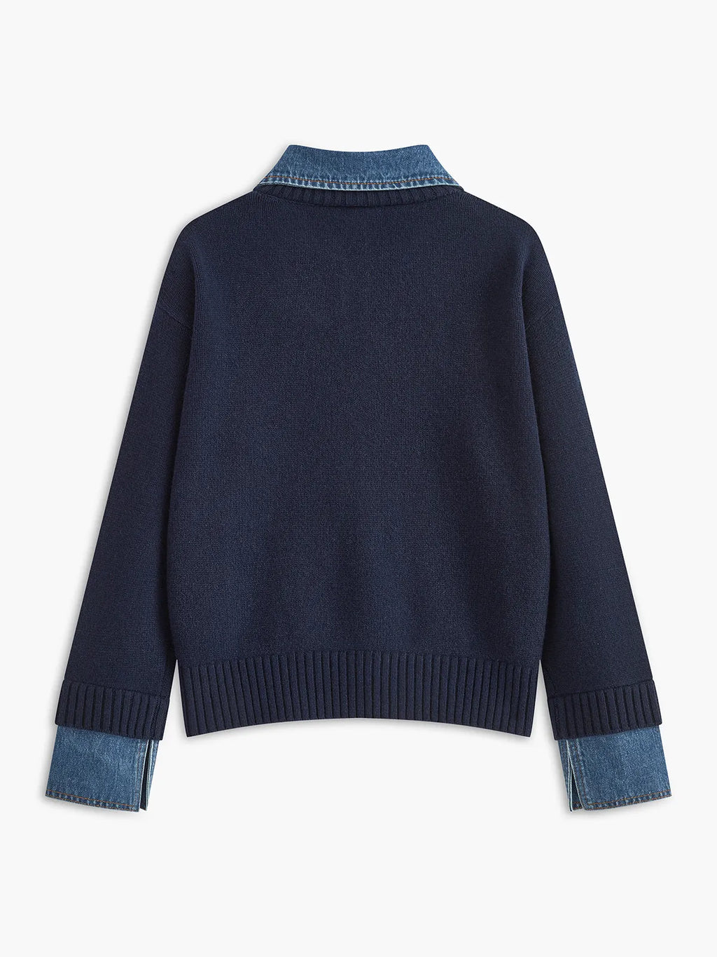 Trui met Kraag Dames 2-in-1 in Marineblauw, gedragen door model, zijaanzicht