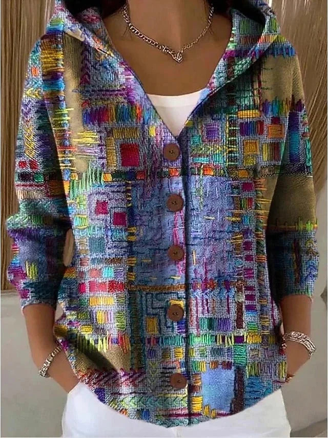 Lang Vest Dames met Capuchon en Patchworkprint in Lila, productfoto