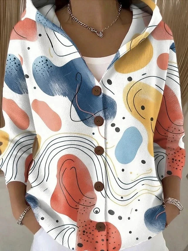 Lang Vest Dames met Capuchon en Patchworkprint in Beige, productfoto