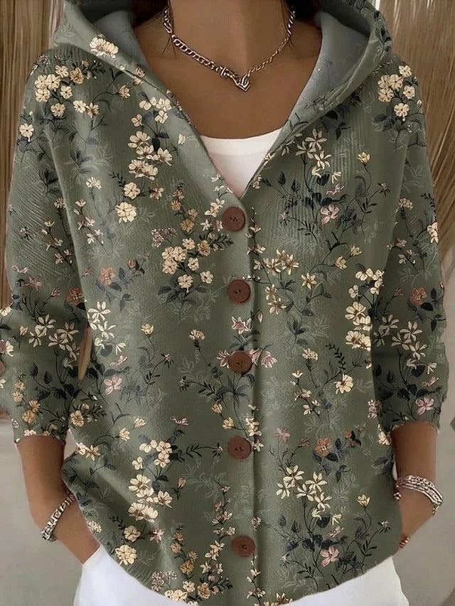 Lang Vest Dames met Capuchon en Patchworkprint in Donkergroen, productfoto