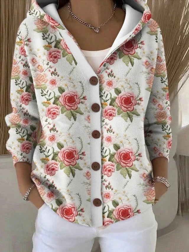 Lang Vest Dames met Capuchon en Patchworkprint in Zachtroze, productfoto