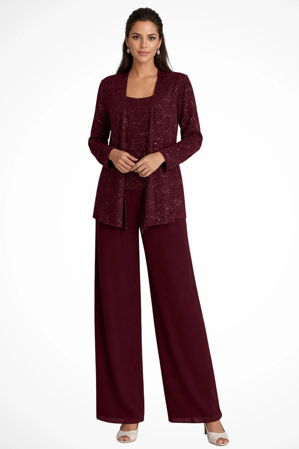 Pailletten Broekpak Dames Driedelig in Bordeaux, productfoto