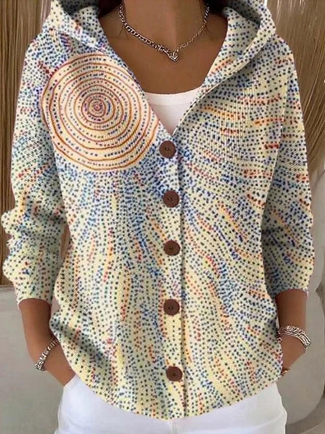 Lang Vest Dames met Capuchon en Patchworkprint in Lichtgeel, productfoto