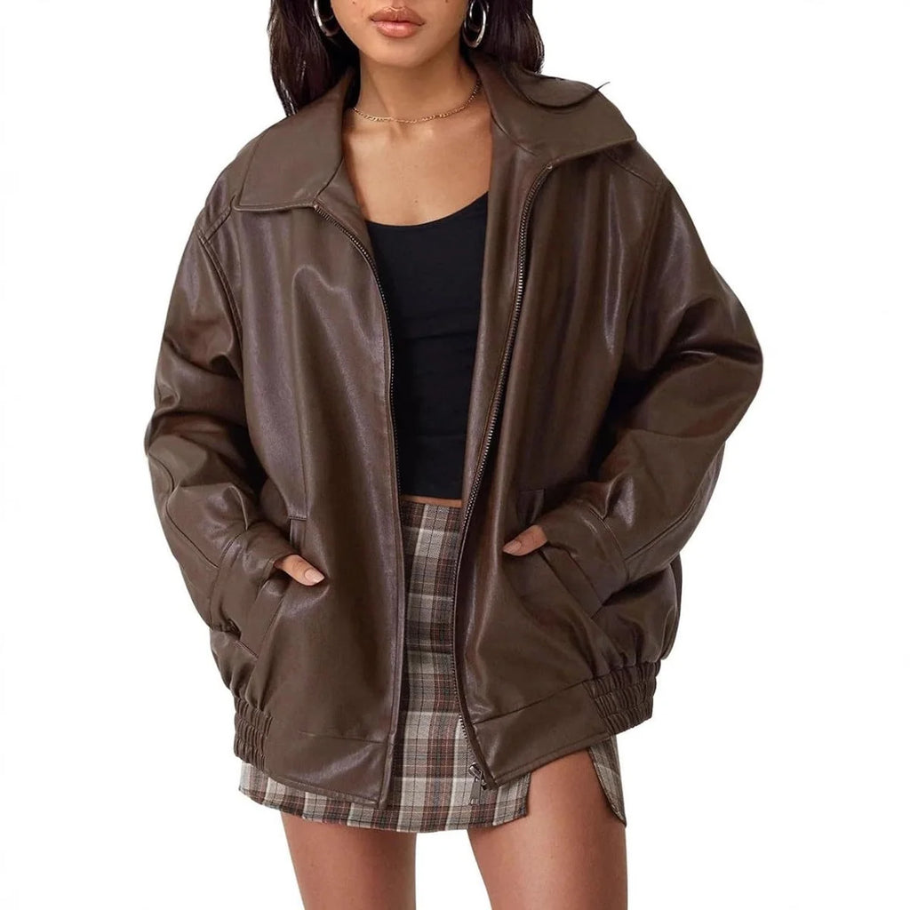 Oversized Imitatieleren Jas Dames met Rits in Donkerbruin, productfoto