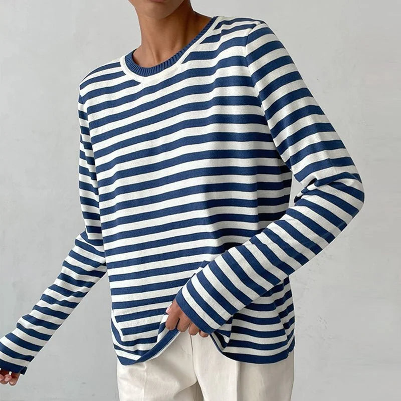 Gestreepte Trui Dames met Ronde Hals in Blauw, productfoto