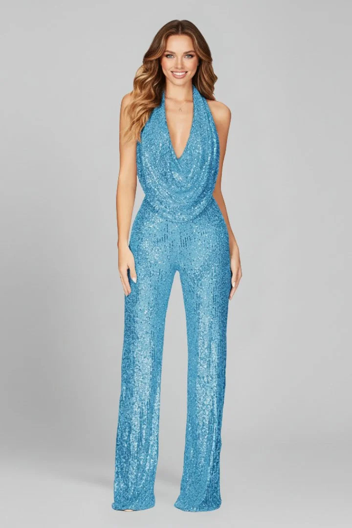 Glitter Jumpsuit Dames met Halternek in Lichtblauw, productfoto