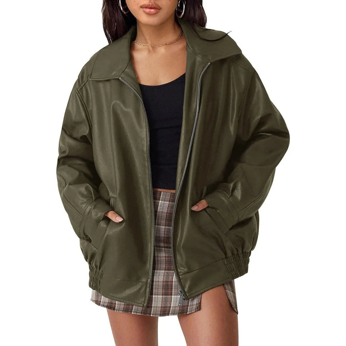 Oversized Imitatieleren Jas Dames met Rits in Olijfgroen, productfoto