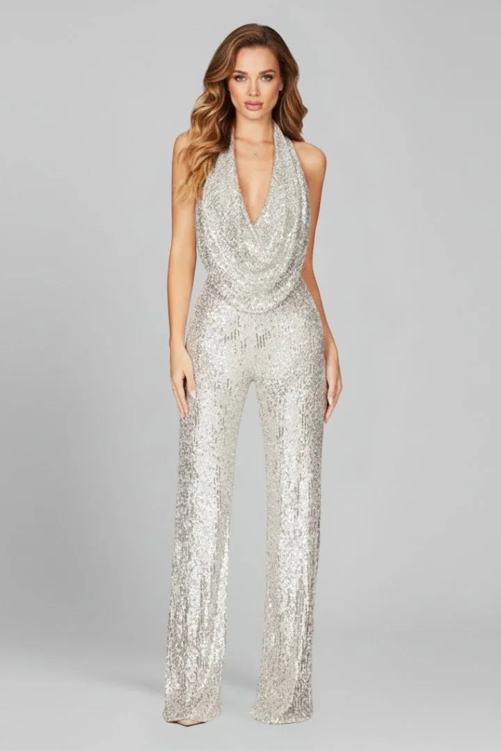 Glitter Jumpsuit Dames met Halternek in Zilver, productfoto