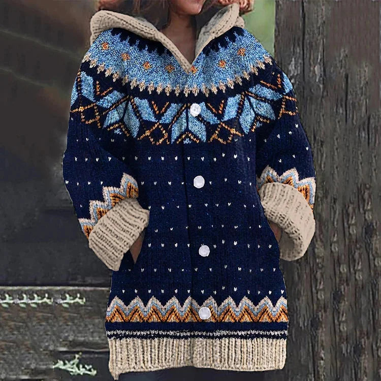 Gebreid Vest Dames met Capuchon en Noors Patroon in Blauw, productfoto