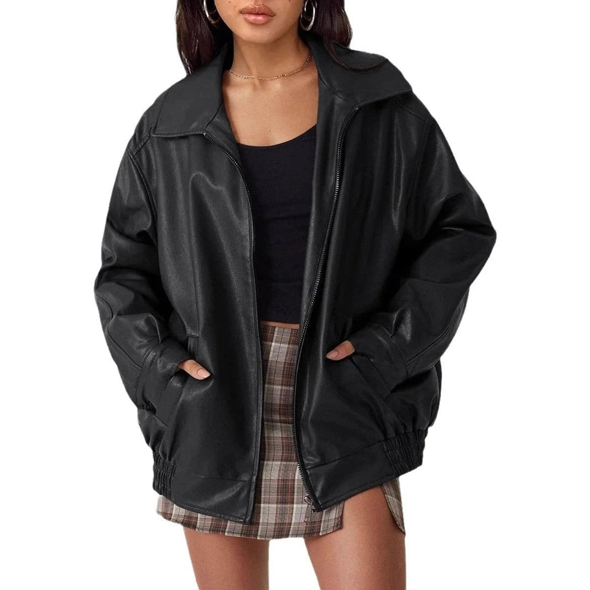 Oversized Imitatieleren Jas Dames met Rits in Zwart, productfoto
