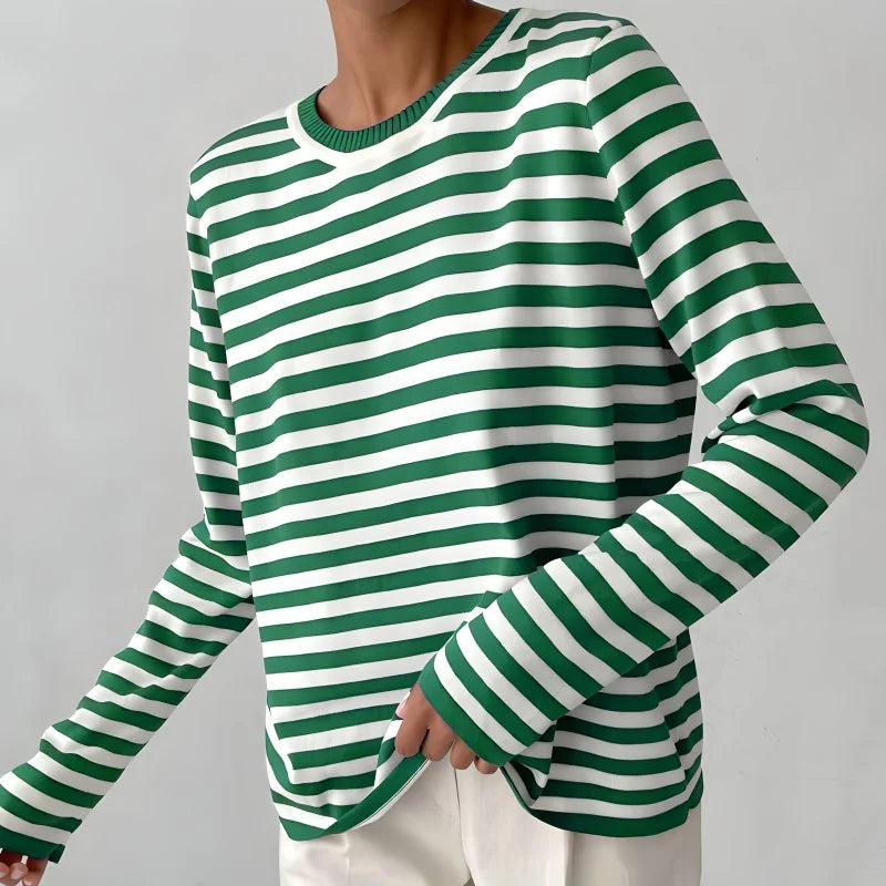 Gestreepte Trui Dames met Ronde Hals in Groen, productfoto