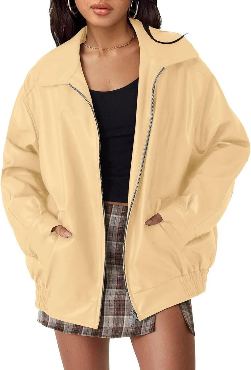 Oversized Imitatieleren Jas Dames met Rits in Abrikoos, productfoto