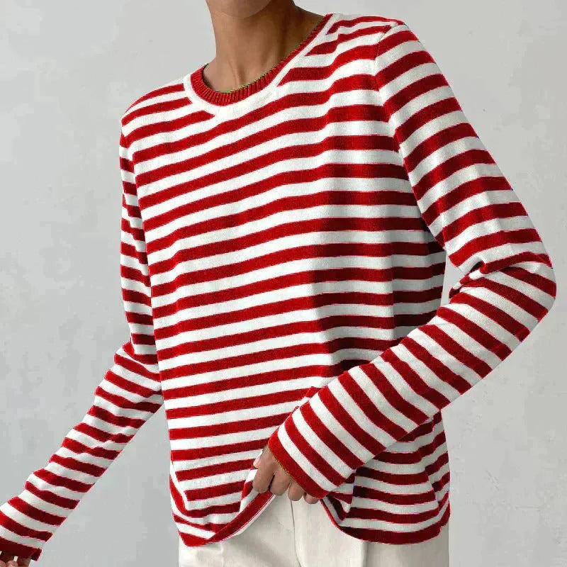 Gestreepte Trui Dames met Ronde Hals in Rood, productfoto