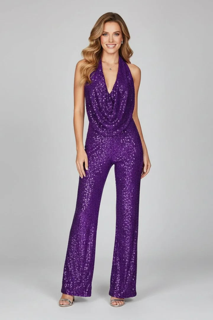 Glitter Jumpsuit Dames met Halternek in Paars, productfoto