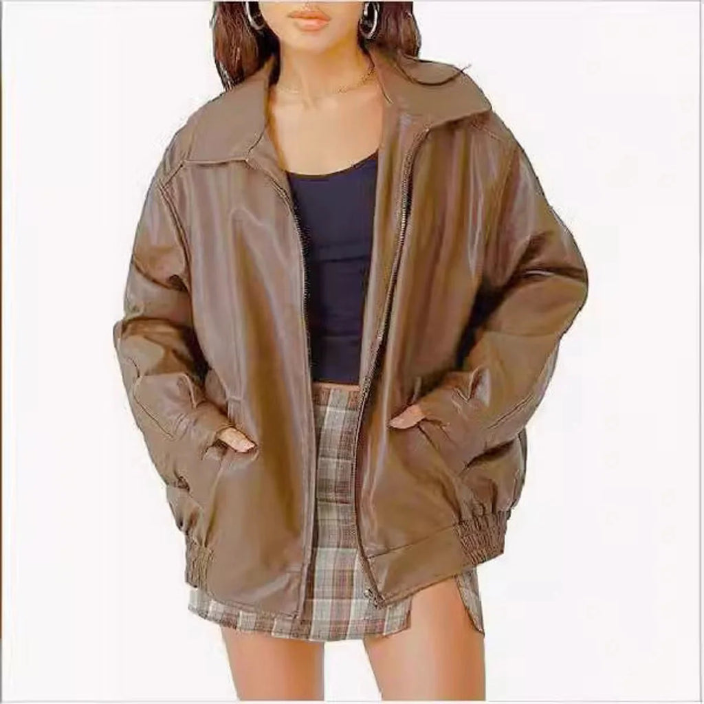 Oversized Imitatieleren Jas Dames met Rits in Bruin, productfoto