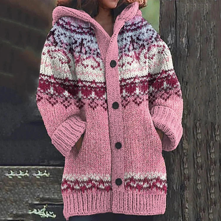 Gebreid Vest Dames met Capuchon en Noors Patroon in Roze, productfoto