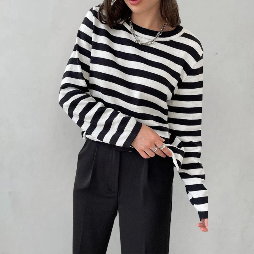 Gestreepte Trui Dames met Ronde Hals in Zwart, productfoto