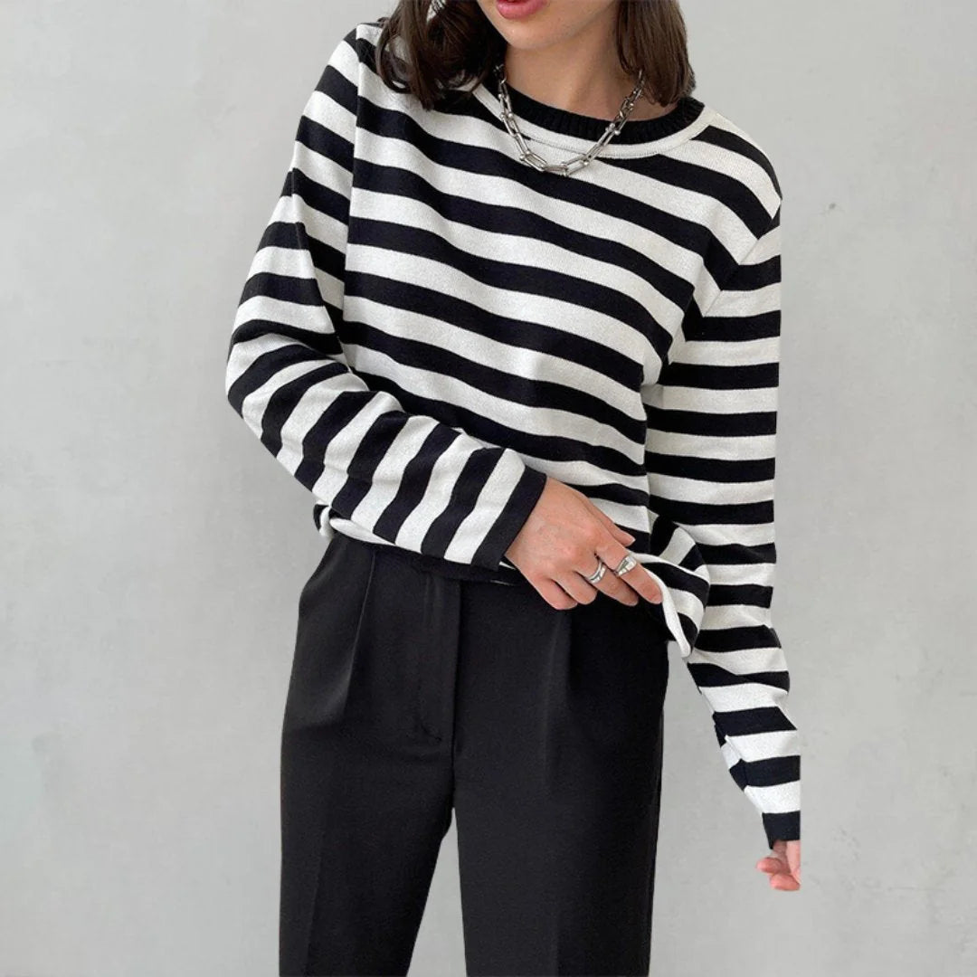 Gestreepte Trui Dames met Ronde Hals in Zwart, productfoto