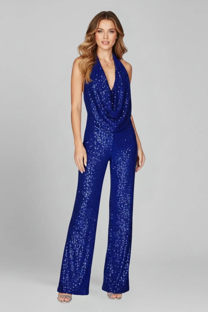 Glitter Jumpsuit Dames met Halternek in Blauw, productfoto