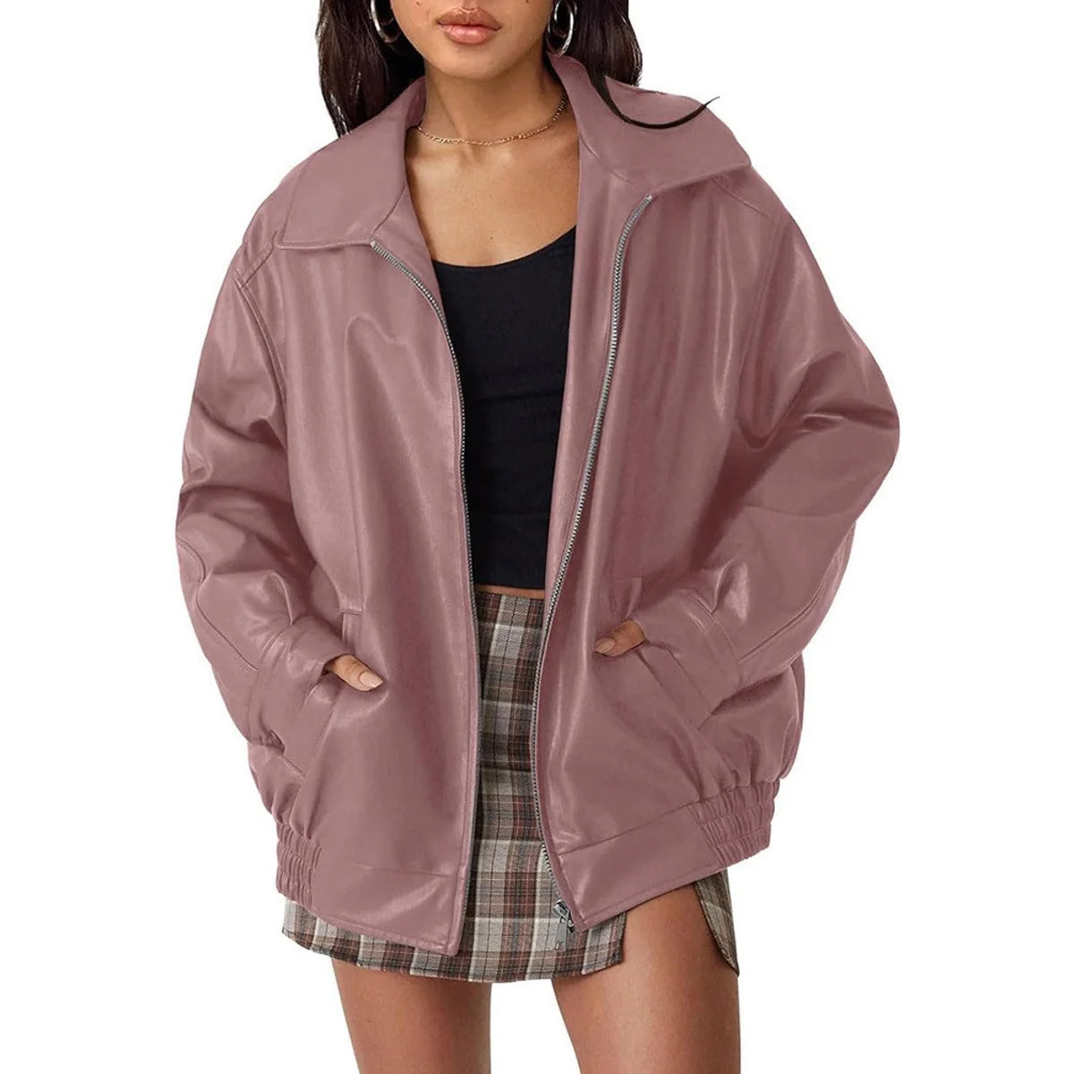 Oversized Imitatieleren Jas Dames met Rits in Oudroze, productfoto