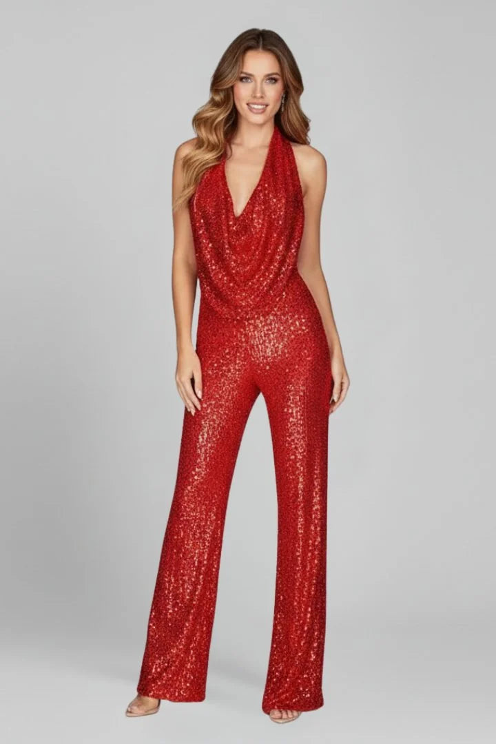 Glitter Jumpsuit Dames met Halternek in Rood, productfoto