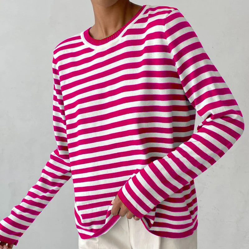 Gestreepte Trui Dames met Ronde Hals in Roze, productfoto