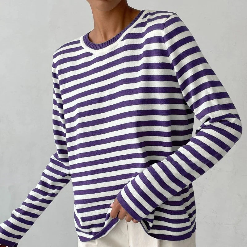 Gestreepte Trui Dames met Ronde Hals in Paars, productfoto