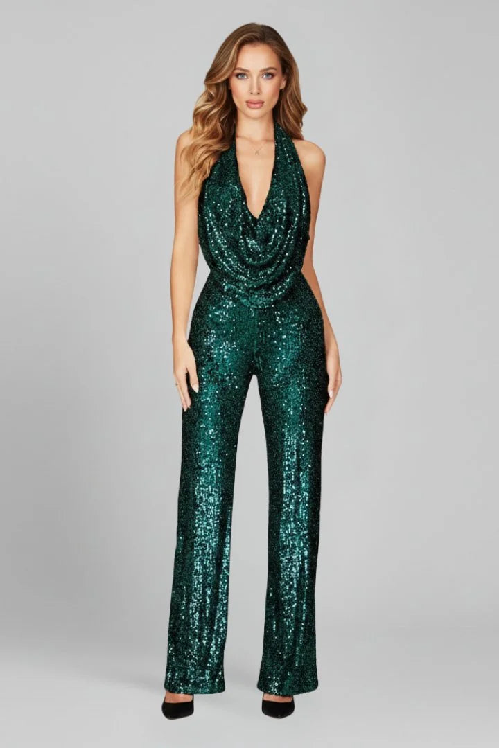 Glitter Jumpsuit Dames met Halternek in Groen, productfoto