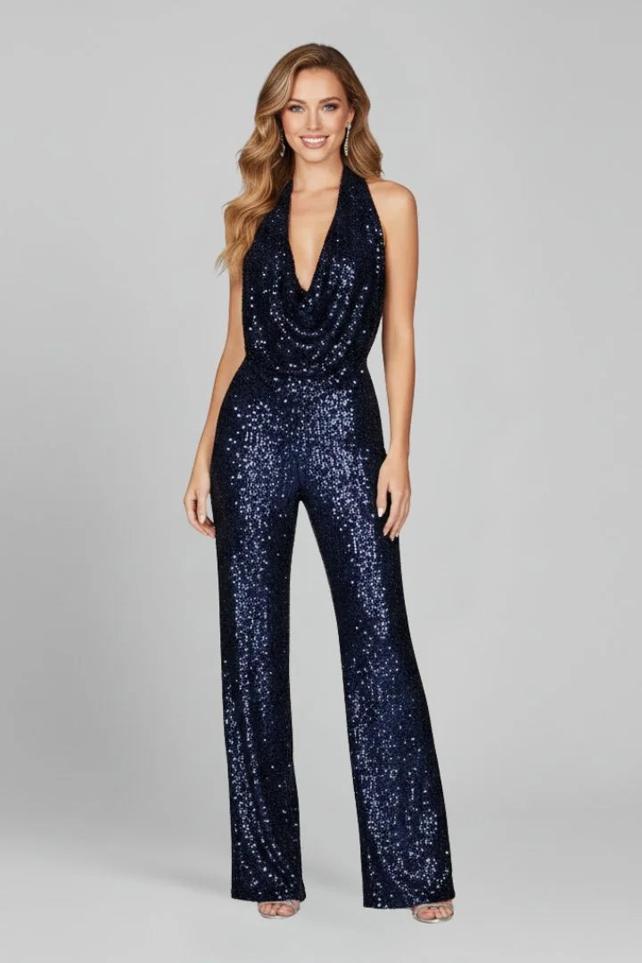 Glitter Jumpsuit Dames met Halternek in Marineblauw, productfoto
