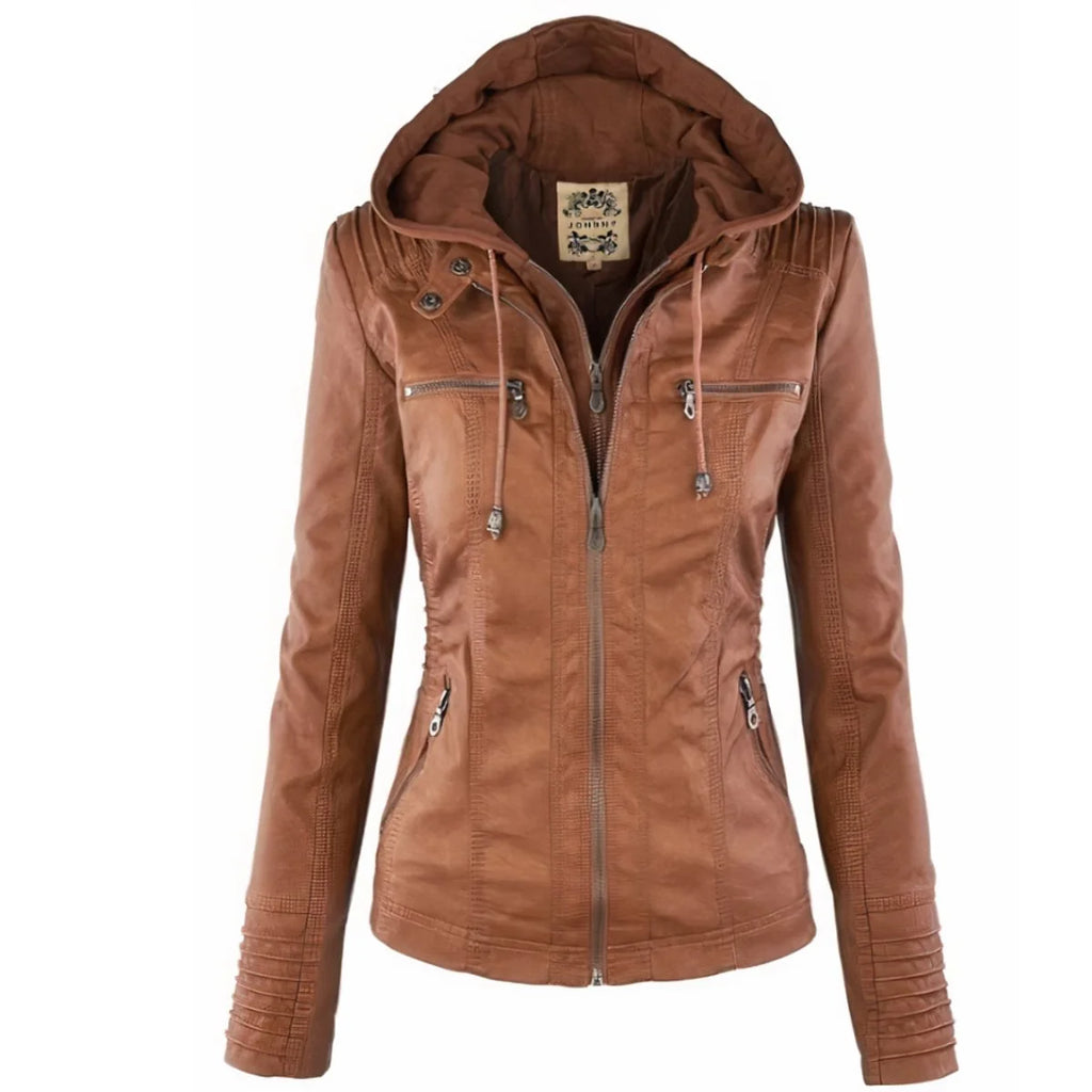 Imitatieleren Jas Dames met Afneembare Capuchon in Bruin, productfoto