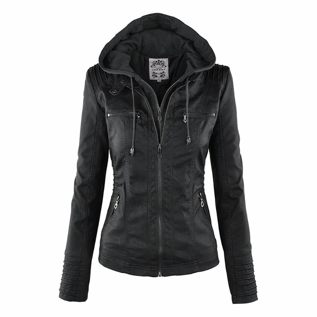 Imitatieleren Jas Dames met Afneembare Capuchon in Zwart, productfoto