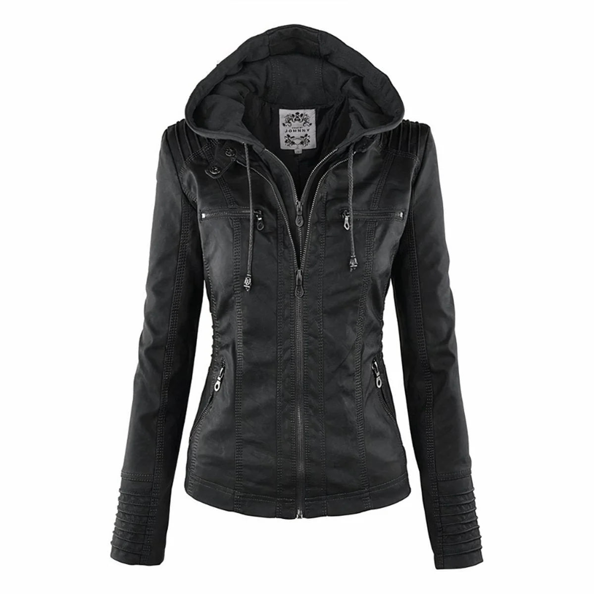 Imitatieleren Jas Dames met Afneembare Capuchon in Zwart, productfoto