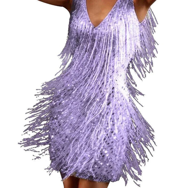 Glitter Jurk Dames met Franjes in Paars, productfoto