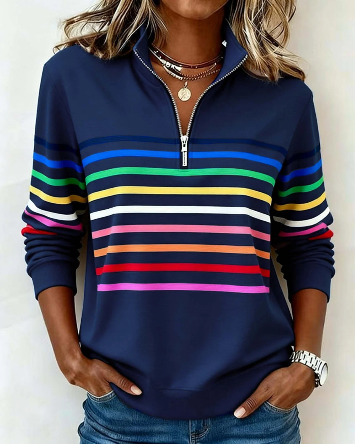 Gestreepte Trui met Rits Dames in Marineblauw, productfoto
