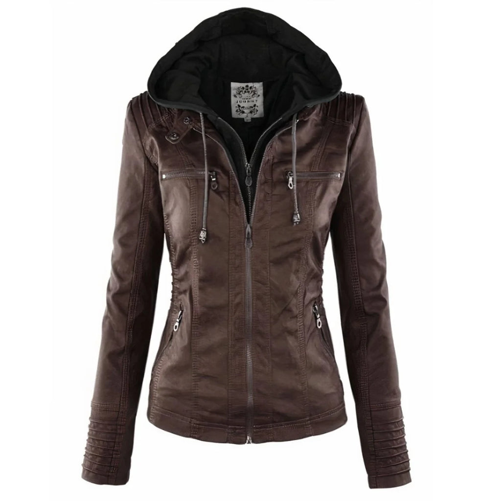 Imitatieleren Jas Dames met Afneembare Capuchon in Donkerbruin, productfoto