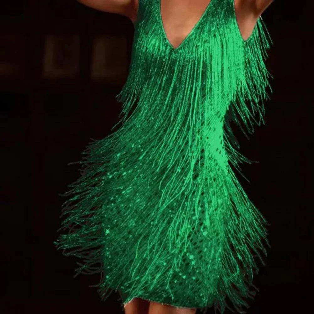 Glitter Jurk Dames met Franjes in Groen, productfoto