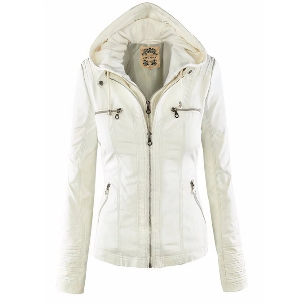 Imitatieleren Jas Dames met Afneembare Capuchon in Wit, productfoto