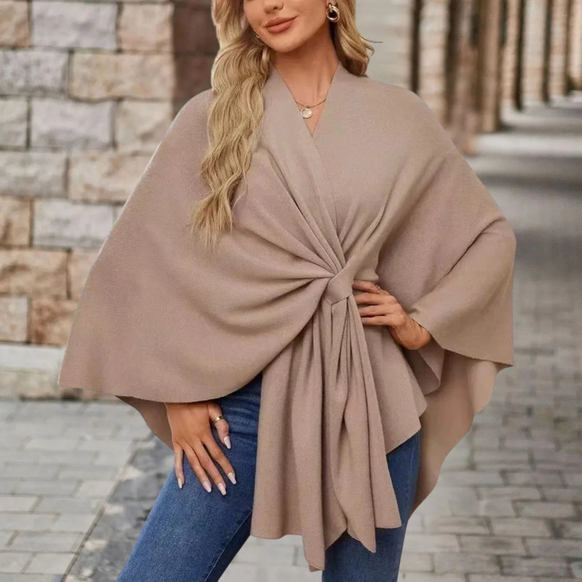 Poncho Dames One Size in Zandbruin, productfoto