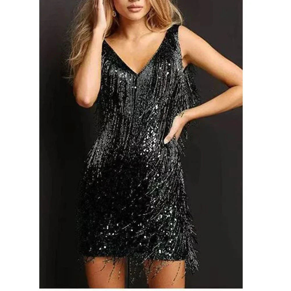 Glitter Jurk Dames met Franjes in Zwart, productfoto