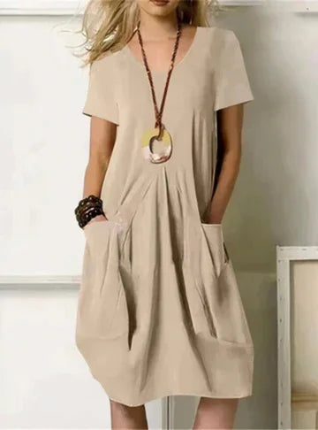 Midi Jurk Dames met Plooien en Zakken in Beige, productfoto