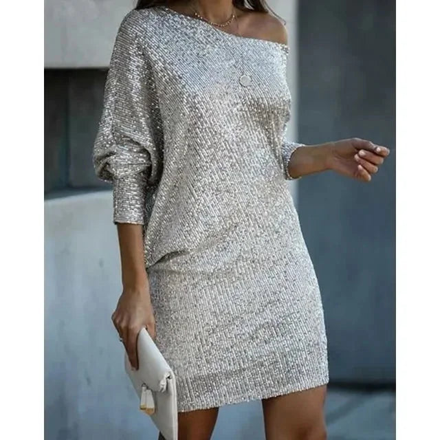 Pailletten Jurk Dames Off-Shoulder in Zilver, productfoto