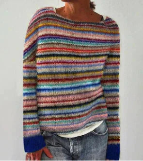 Noorse Trui Dames met Ronde Hals in Regenboog, productfoto