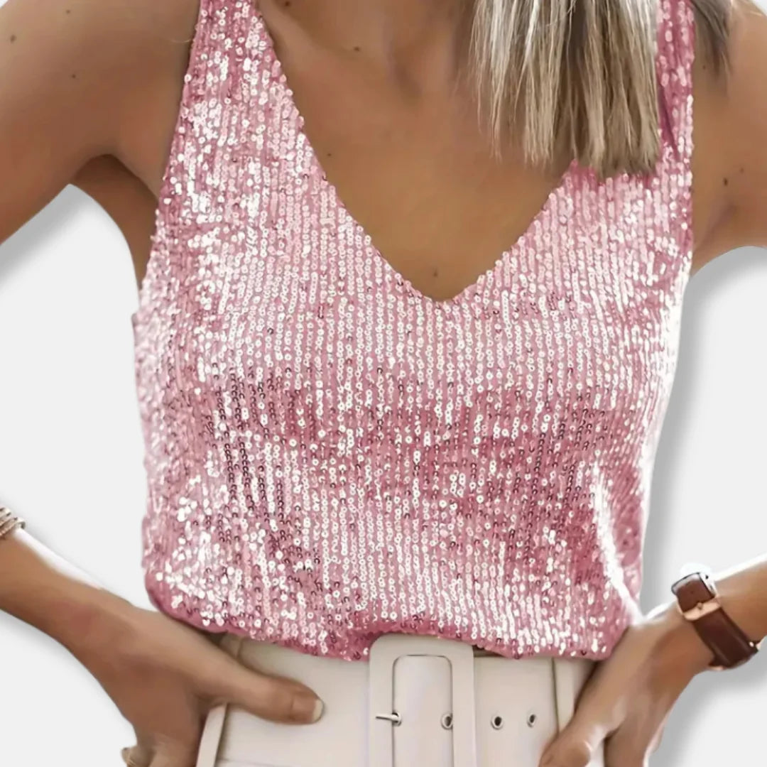 Glitter Top Dames Mouwloos met V-Hals in Roze, productfoto